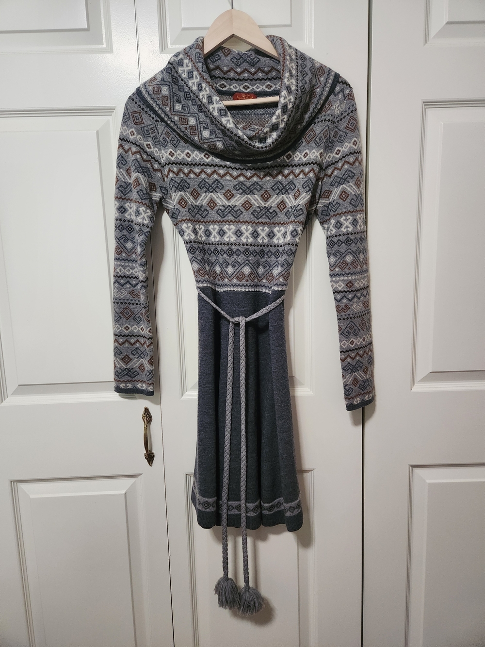 Krimson Klover Fair Isle Cowl Neck Sweater Dress in Gray and Cream Merino Wool
